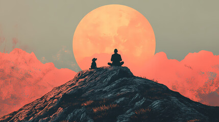 Imperfect illustration of the silhouettes of a man and a labradoodle dog sitting atop a meadowfilled mountain peak at dawn in sync the man and dog gaze up. Astral Samurai. Illustration