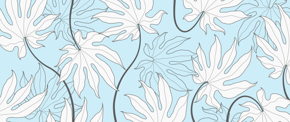 Botanical leaf line art wallpaper background vector. Luxurious hand drawn foliage design in a minimalist linear outline simple boho style. Design for fabric, print, cover, banner, invitation	
