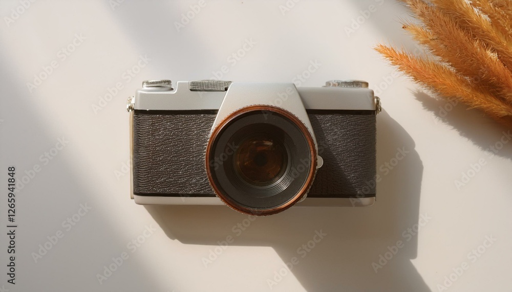 Fototapete 카메라가 흰색 테이블 위에 놓여 있고, 따뜻한 조명이 은은하게 감도는 부드러운 분위기의 배경