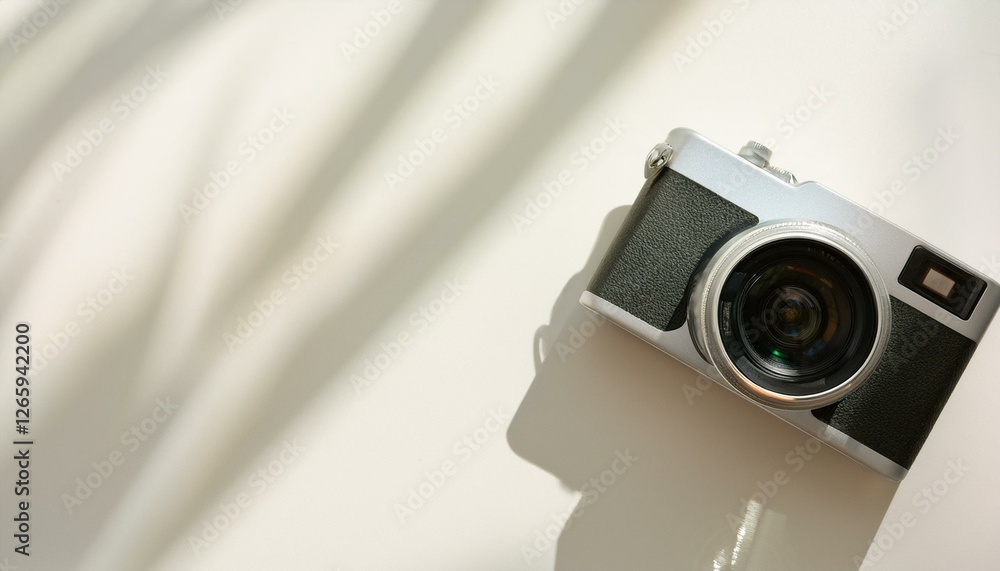Fototapete 카메라가 흰색 테이블 위에 놓여 있고, 따뜻한 조명이 은은하게 감도는 부드러운 분위기의 배경
