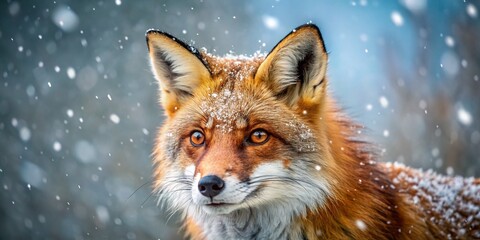 Obraz premium Majestic Red Fox in Winter Wonderland: Snowfall Serenity Macro Photography