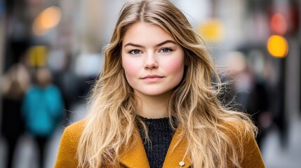 Fototapeta premium Blonde woman city street portrait autumn advertising