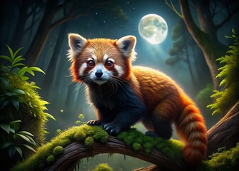 Majestic Red Panda at Night in Lush Forest - Stunning Wildlife Photography