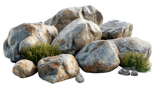 Grey Brown Boulder Pile Wild Rock Texture for Nature and Geology Themes, isolated on transparent background.