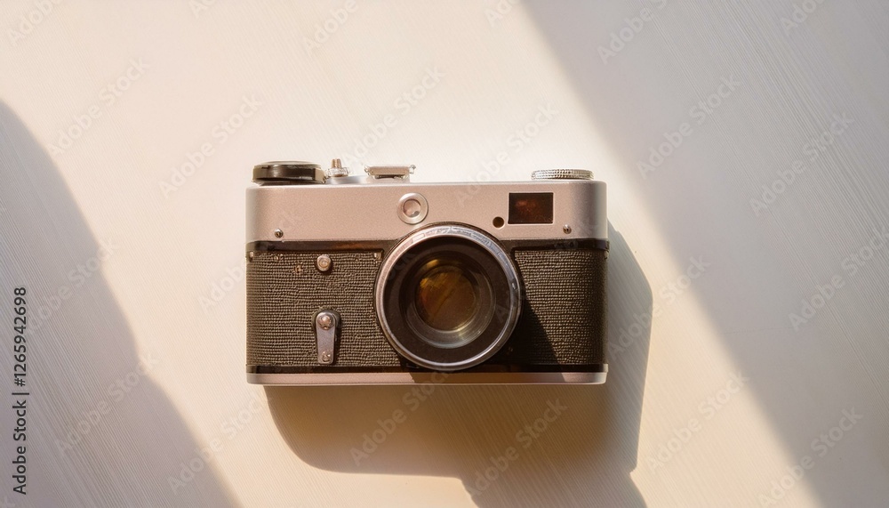 Fototapete 카메라가 흰색 테이블 위에 놓여 있고, 따뜻한 조명이 은은하게 감도는 부드러운 분위기의 배경