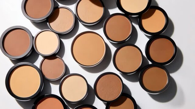 Expanding array of makeup powders showcasing diverse skin tones on white background