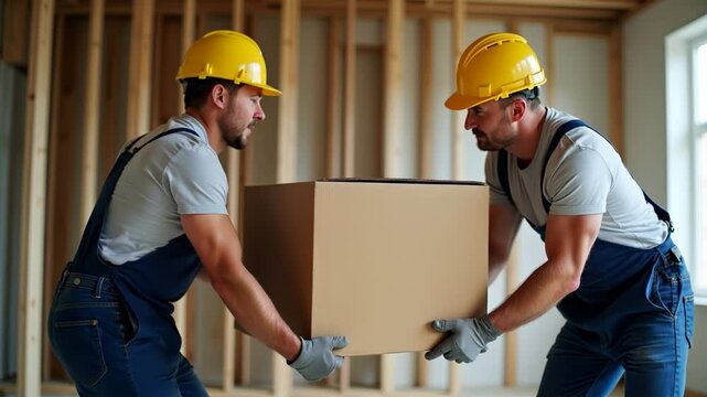Two construction workers in hard hats carefully lift and carry a large cardboard box inside a room undergoing renovation