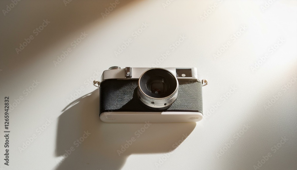 Leinwandbilder 카메라가 흰색 테이블 위에 놓여 있고, 따뜻한 조명이 은은하게 감도는 부드러운 분위기의 배경
