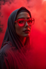 lady with hijab in Neon Glow in Red Smoke
