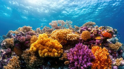 Fototapeta premium Underwater coral reef vibrant colors. Sunlight. Possible use Stock photo
