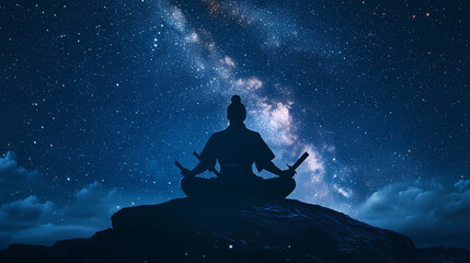 Silhouetted warrior meditates under a starry sky. Astral Samurai. Illustration
