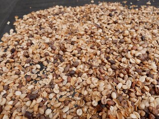 Aerial view of waste product from skimmed coffee beans used for Tinto, Salento, Colombia.