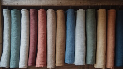 Rolled Linen Fabrics Displayed on Wooden Shelves