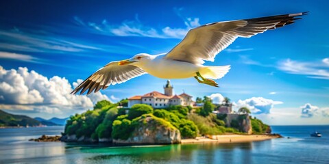 Fototapeta premium Majestic Seagull Soaring Over Idyllic Island Paradise - Stunning Blue Sky Stock Photo