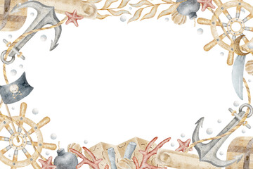 Watercolor frame anchor, ship steering wheel, map, chest, sea corals, seaweed, shells starfish. Hand drawn illustration. Template text box for card design, pirate party decoration posters, invitations