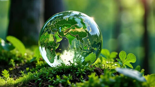 Glass ball in green forest with environment icon ESG, CO2. Technology Environment, Society and Governance for sustainable business on green company Concept