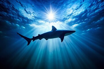 Obraz premium Majestic Shark Silhouette in Deep Ocean, Underwater Wildlife Photography