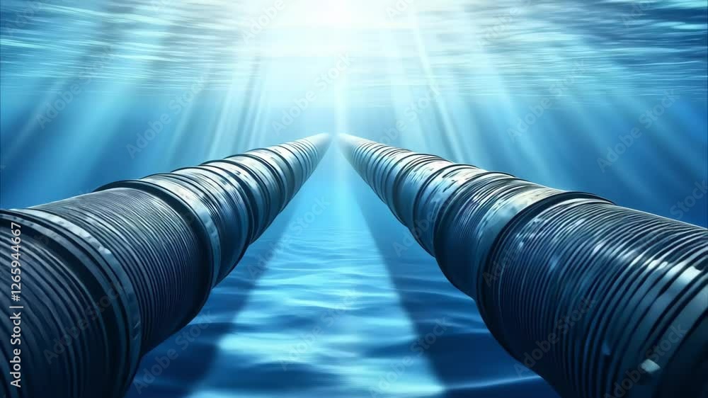 Poster two large pipes submerged underwater, extending into the distance with light rays filtering through 