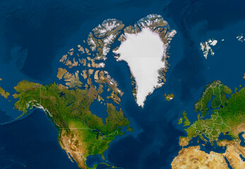 Satellite image of greenland, north pole, arctic ocean, glaciers, greenland, america, country borders © creaside