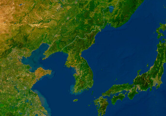 Satellite image south korea and north korea map, aerial, satellite, country borders © creaside