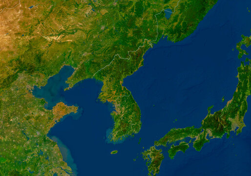 Satellite image south korea and north korea map, aerial, satellite, country borders