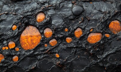 Black oil with orange bubbles, macro photography, close-up, cinematic, texture