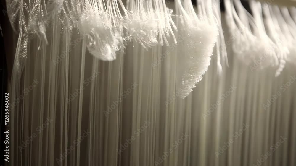 Poster transparent strands hang delicately, showcasing intricate patterns of fine fibers in an artistic arr
