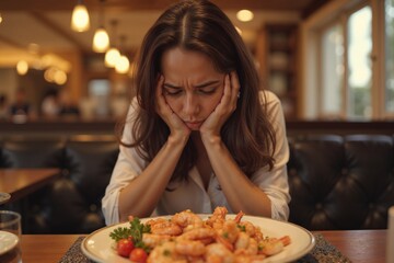 Woman experiencing shrimp allergy at a restaurant