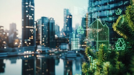 Eco-friendly city building design, recycling, cityscape