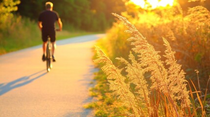 Obraz premium Man cycling sunset path, tall grass, summer, outdoor recreation