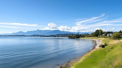 Tranquil Coastal Landscape With Blue Sky And Mountains