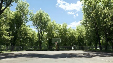 Outdoor Basketball Court Surrounded by Lush Green Trees on a Sunny Day