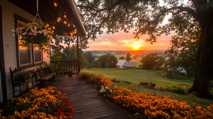 Obraz premium Sunset view from cozy porch, rural home, flower gardens