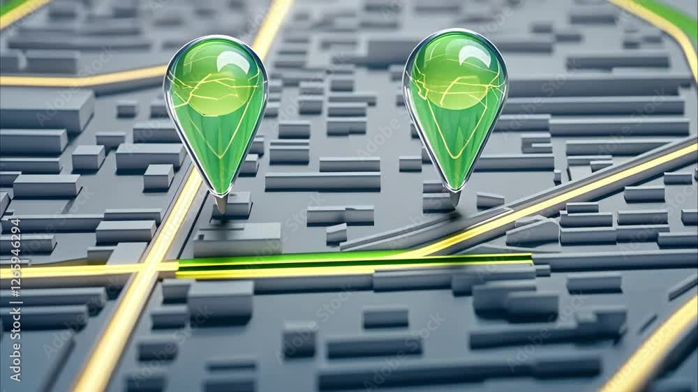Poster a digital map with two green location markers indicating specific points on a road or street layout.