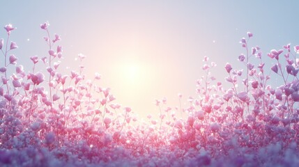 Pink flower field sunrise, soft light, idyllic