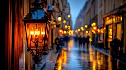 Parisian lantern glows, wet street, evening ambiance, romantic city backdrop