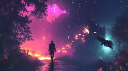 A man silhouetted against a neon-lit landscape walks a glowing path in the rain, with a vibrant bird hovering above him. beautiful simple ai generated image in unique. Astral Samurai. Illustration