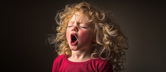 Fototapeta premium Curly-haired girl singing, dark background, studio shot, advertisement