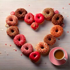 Delightful image showcases a heart formed entirely from colorful, delicious donuts, blending sweetness with creativity.