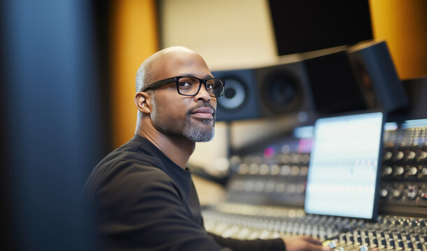 African American man with glasses, sitting at the mixing console with computer monitor screen in a recording  music studio. Middle-aged Black male sound producer working in a modern Broadcast  studio.
