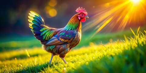 Fototapeta premium Majestic Thoroughbred Chicken on Lush Green Farmland - Surreal Photography Stock Photo