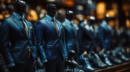 Naklejka premium In fitting area male shirts in dark navy blue suits can be seen on a figurine