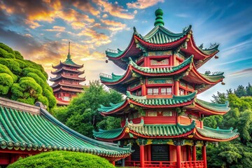 Obraz premium Majestic Traditional Chinese Pagoda with Red and Green Roof - Asian Architecture Stock Photo
