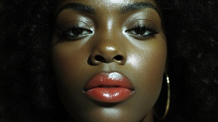Woman's close-up portrait, sunlit, dark background, beauty campaign