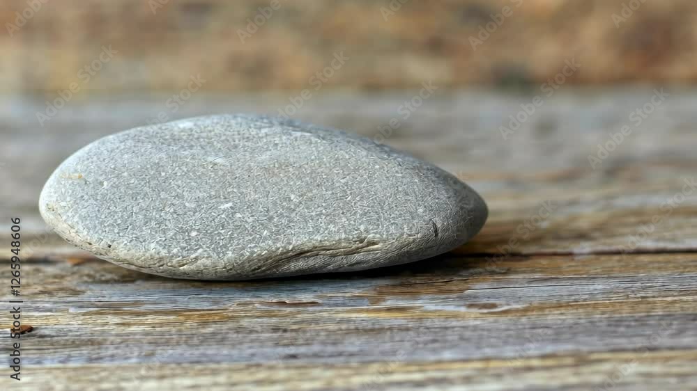 Poster Smooth gray stone resting on a weathered wooden surface in a calm setting
