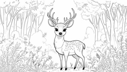 Cute Deer Coloring Page – Hand-Drawn Forest Illustration