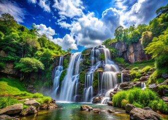 Fototapeta premium Majestic Waterfall Landscape: Lush Greenery, Blue Sky, Serene Nature Scene