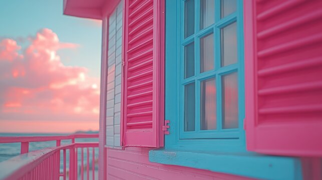 Pink hut with teal window on beach at sunset. Perfect for travel or backgrounds