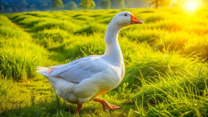 Obraz premium Majestic White Goose Soaring Over Lush Green Pasture - Drone Photography