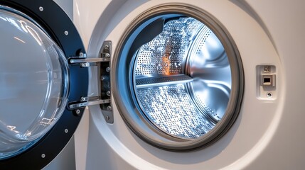 Open washing machine drum, illuminated interior, laundry room, clean clothes, appliance advertisement